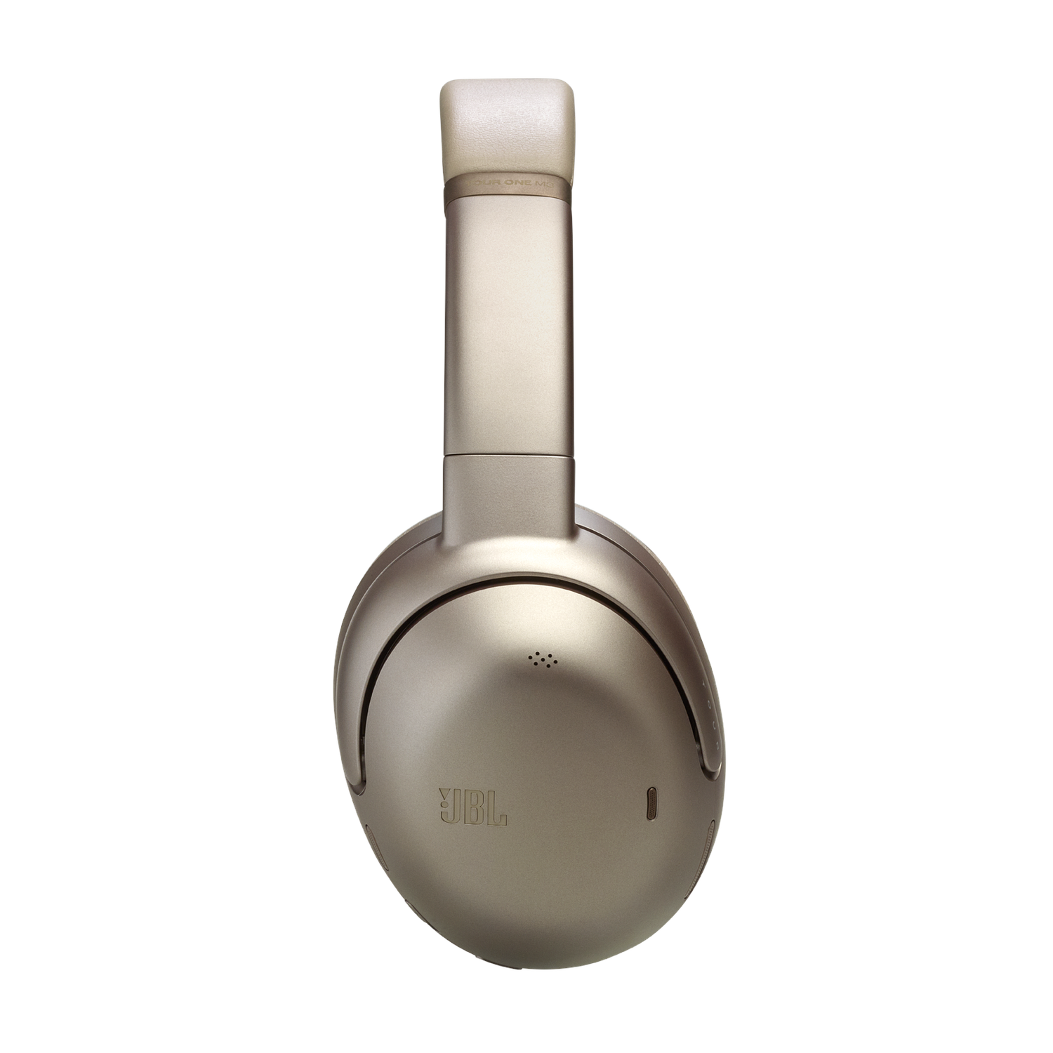 Un casque JBL de couleur or sur fond blanc. La marque est visible.