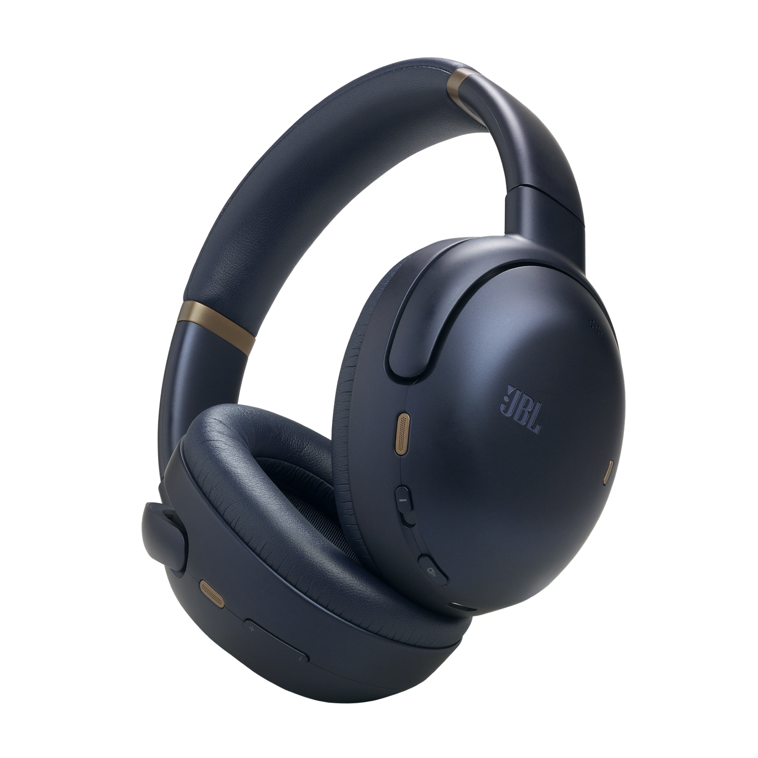 Casque JBL bleu marine sur fond noir, avec des accents dorés et le logo JBL.