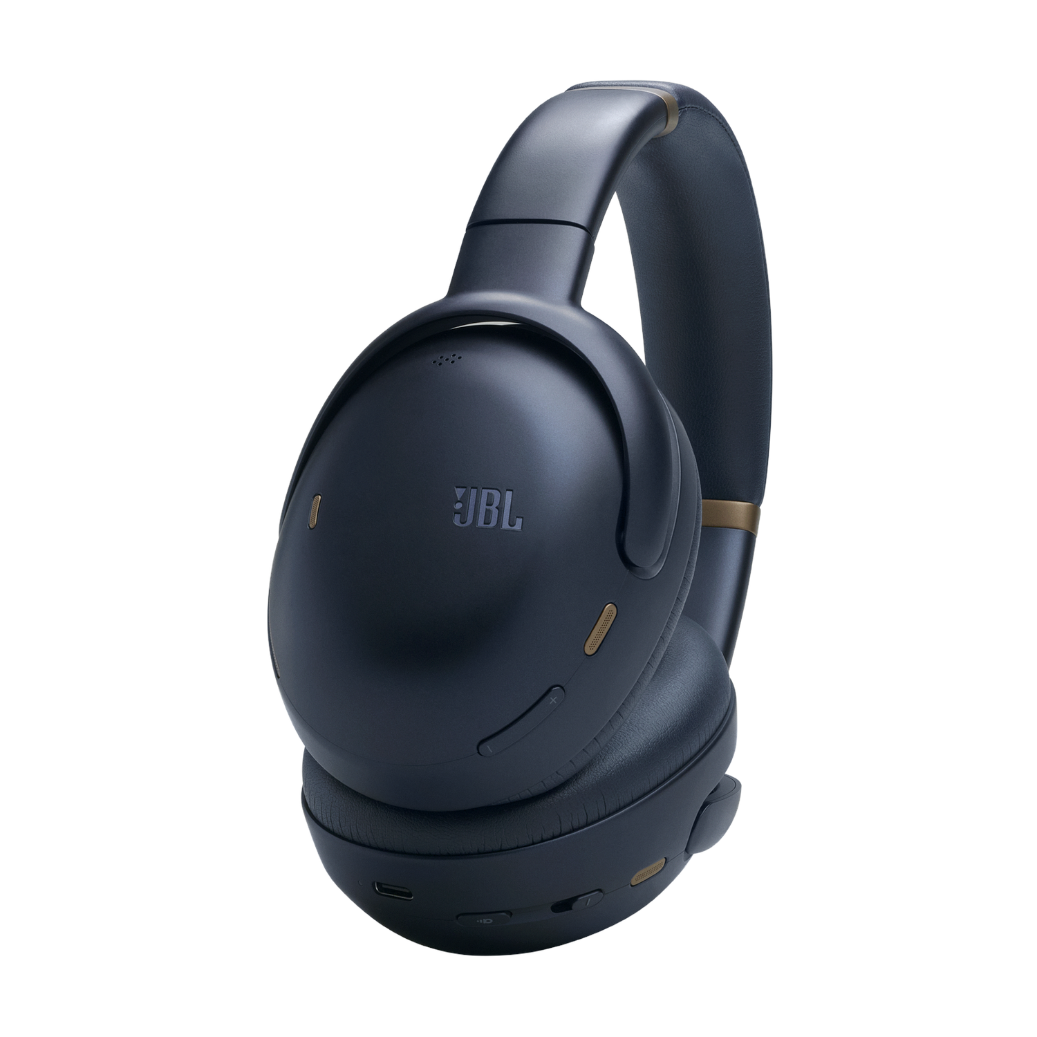Casque circum-auriculaire noir avec des accents dorés, marque JBL. Photo claire du produit sur fond blanc.