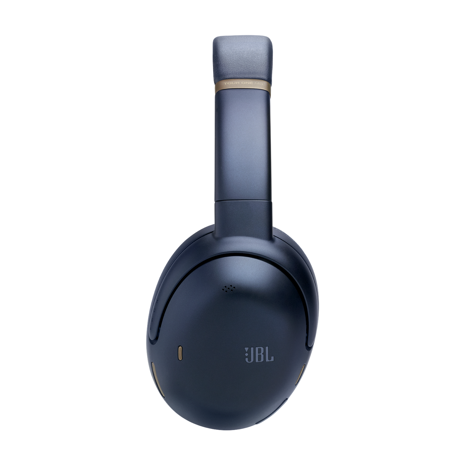 Casque JBL, vue de dessus, couleur bleu-gris, logo JBL.
