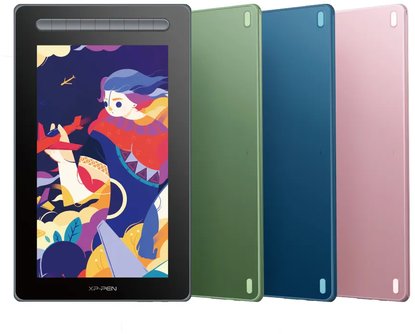 Grafikus tablet képernyővel, művészetet mutat, és 3 színes tabletta jobbra.