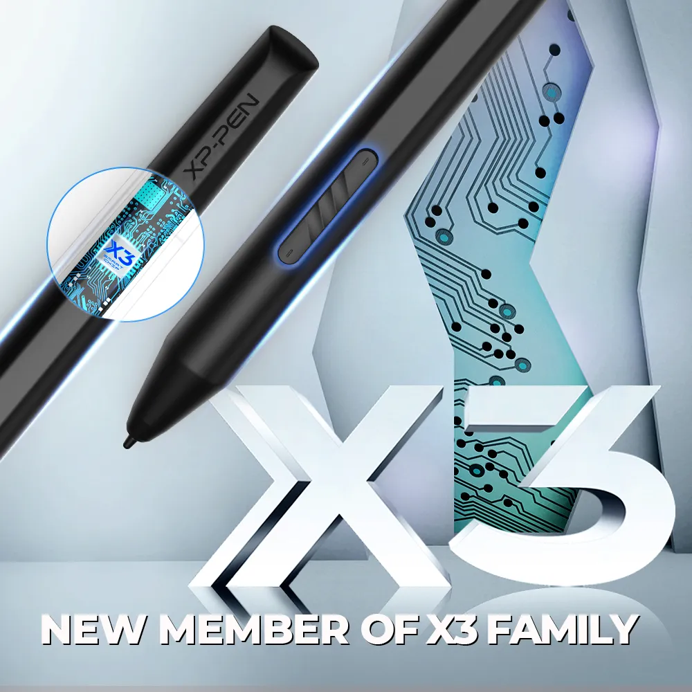 Fekete stylus toll kék kiemelt résszel. Közelkép, XP-Pen logó látható.
