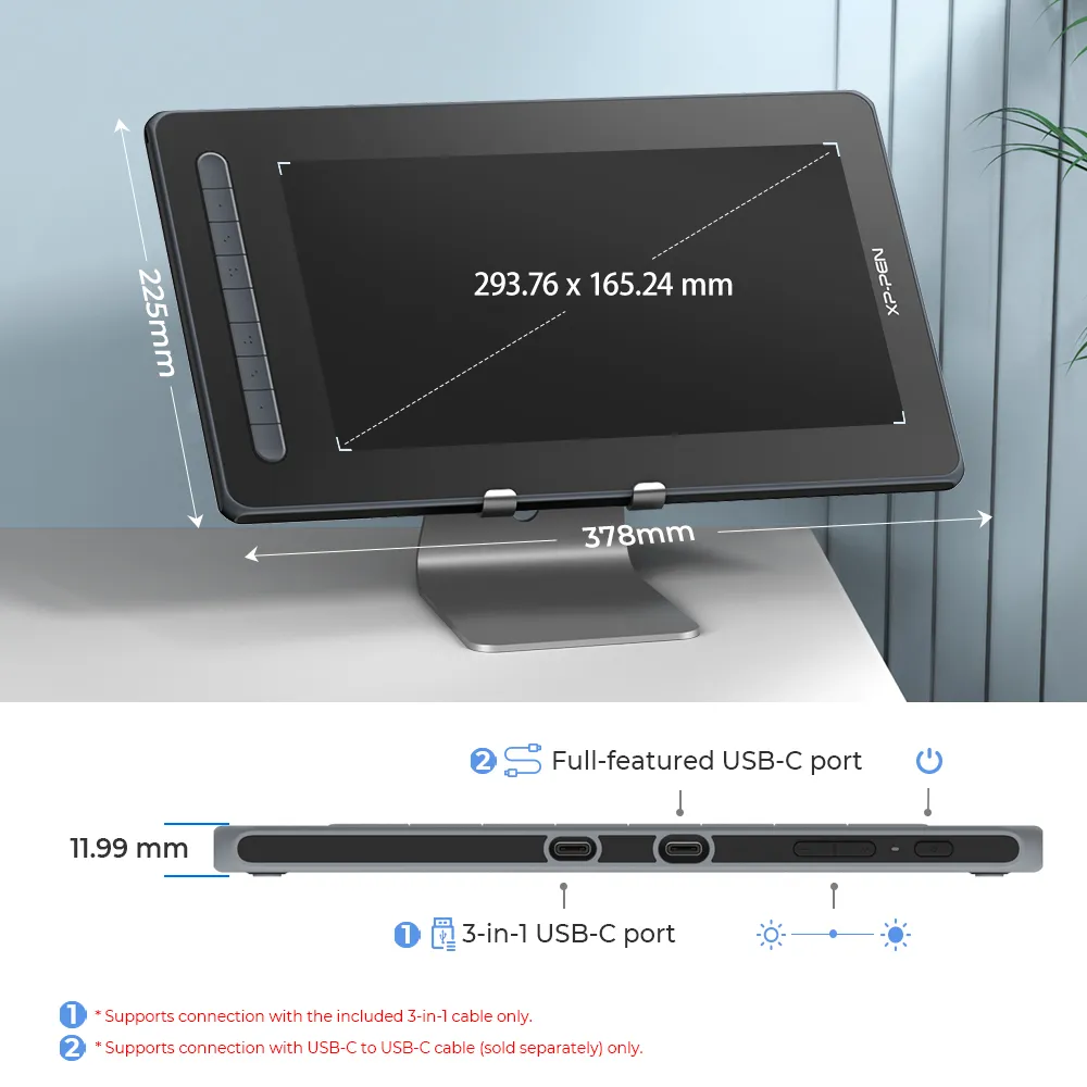 Fekete rajztábla méretekkel és gombokkal. Két USB port és egy bekapcsológomb látható.