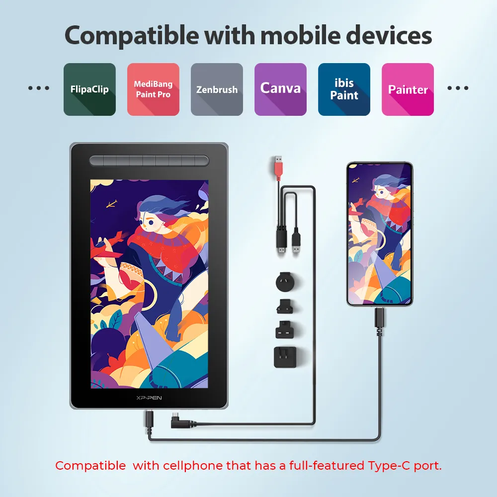 Tablet és telefon kábelekkel összekötve, alkalmazásikonok veszik körül, szöveg: Mobil eszközökkel kompatibilis.