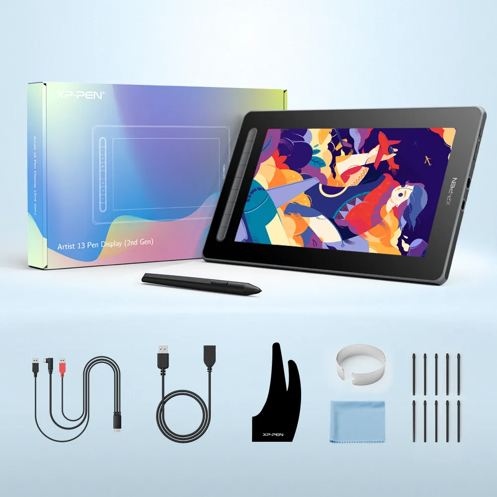 XP-Pen Artist 13 kijelzőtabletta készlet: tablet, toll, kábelek, kesztyű, kendő és tollhegyek.