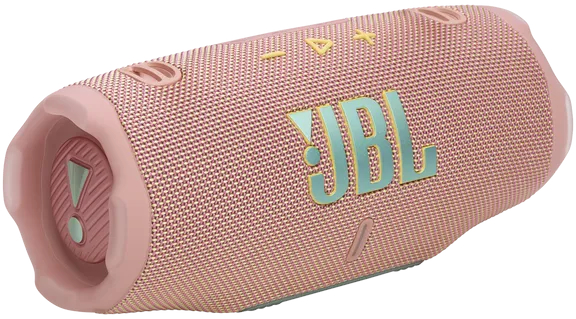 Różowy głośnik JBL, cylindryczny, siateczkowa faktura, z przyciskami. Logo JBL w kolorze turkusowym.