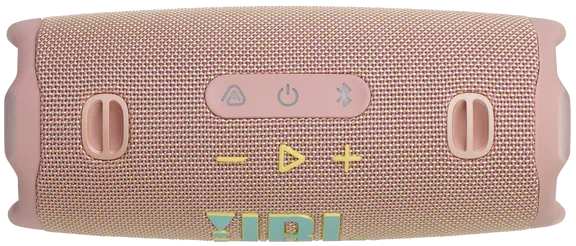 Różowy głośnik przenośny z przyciskami, żółtymi detalami, czarne tło.