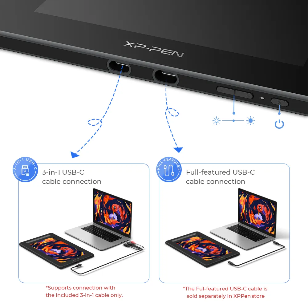 Egy laptophoz csatlakoztatott táblagép, 3 az 1-ben és teljes USB-C kábelcsatlakozásokat mutat.