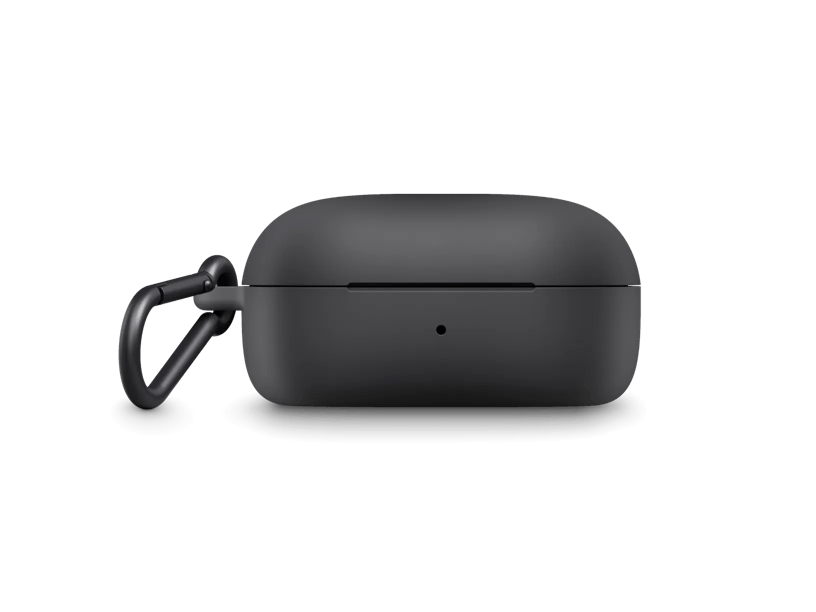 Ein schwarzes AirPods Pro-Etui mit einem silbernen Karabinerhaken.
