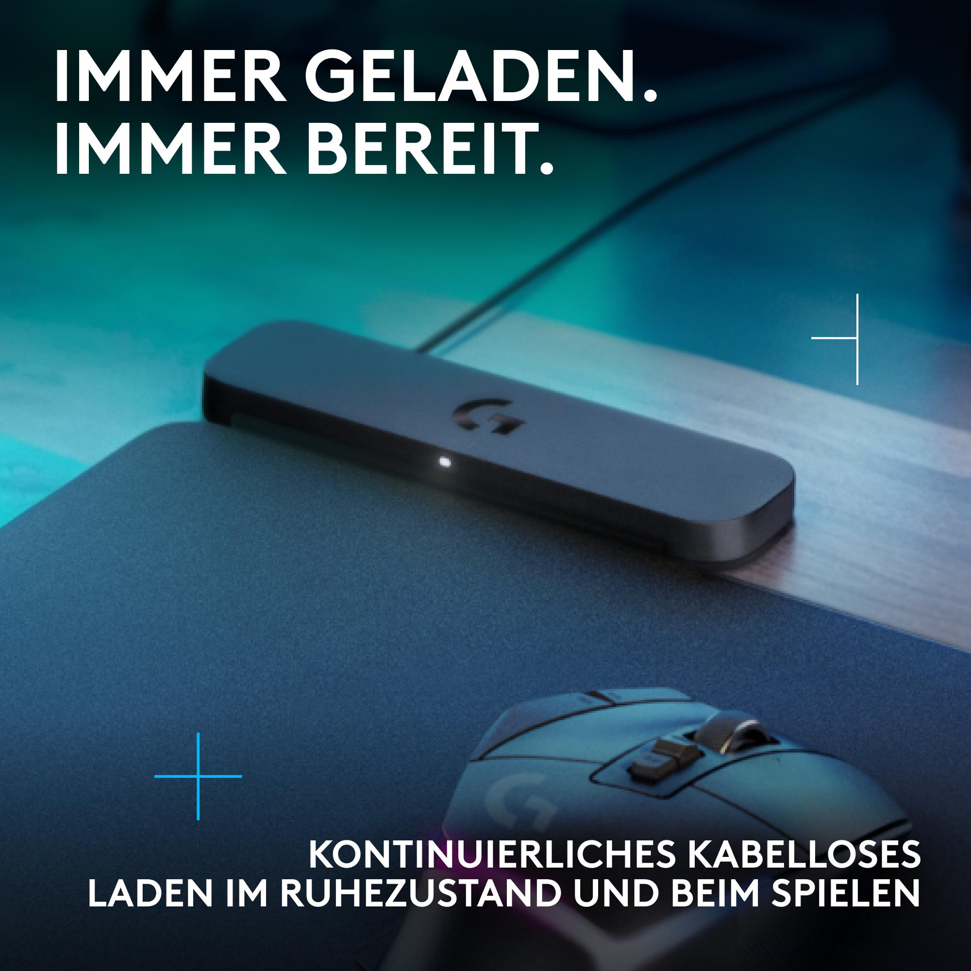 Ein schwarzes Ladepad mit Maus, mit Text "IMMER GELADEN. IMMER BEREIT."