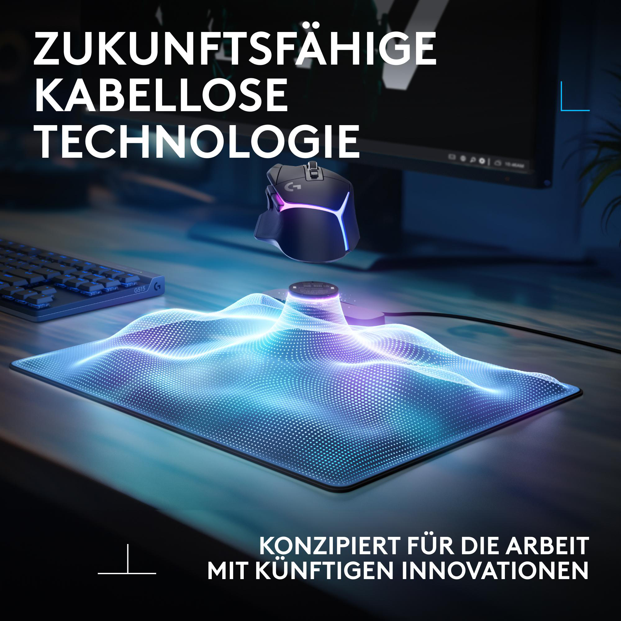 Gaming-Maus und Mauspad mit futuristischem Design, beleuchtet, auf einem Schreibtisch.