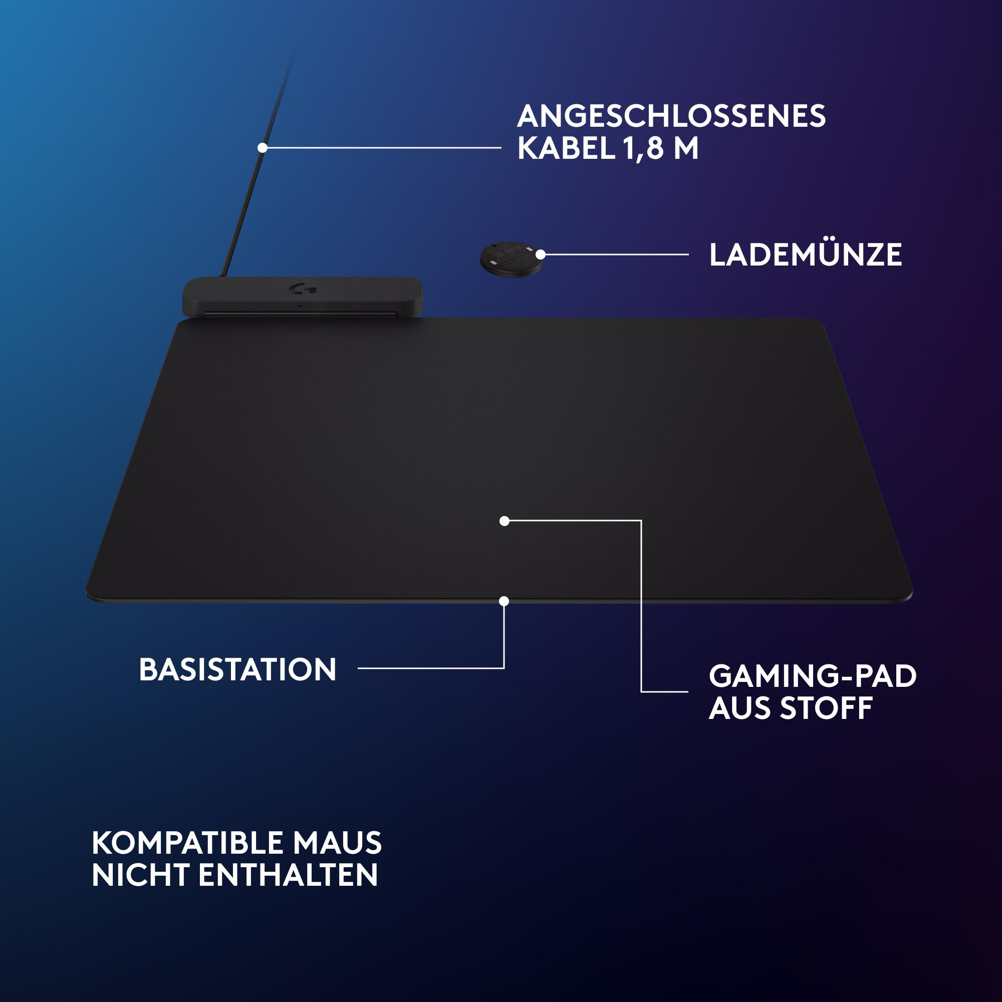 Schwarzes Mauspad mit Basisstation. Text auf Deutsch, mit Kabel und Lade-Münze.