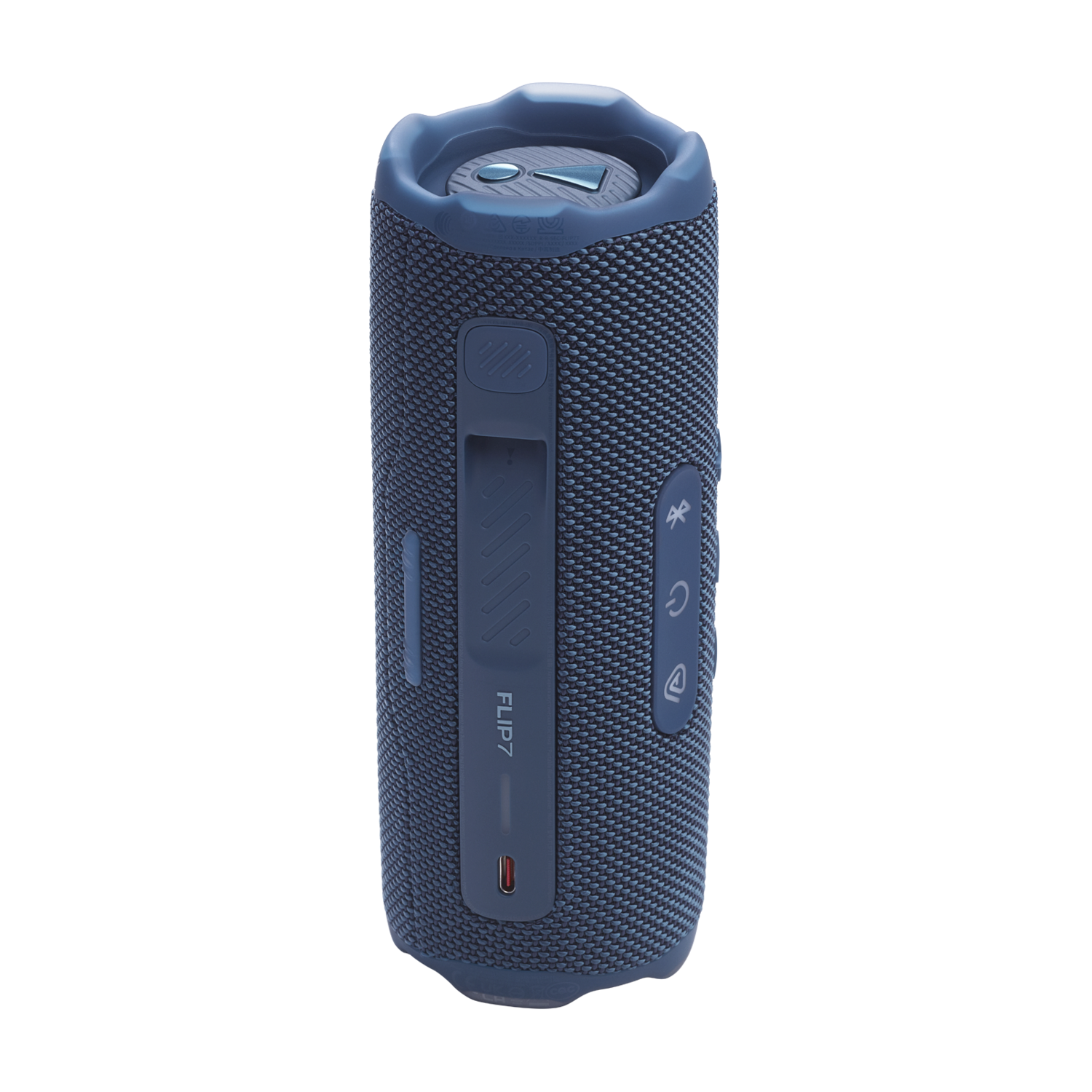 Blue JBL Flip 7 portable speaker, with control buttons, and a USB-C port, on a black background.