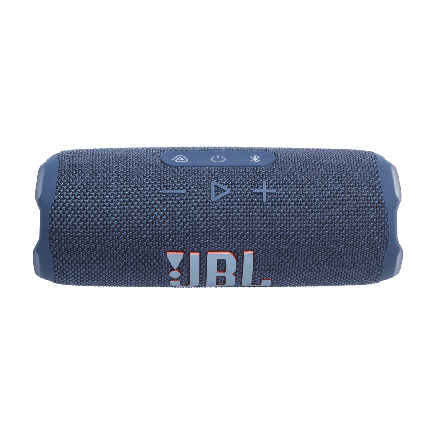 Blue JBL speaker, cylindrical shape, mesh texture, with buttons. JBL logo in red.