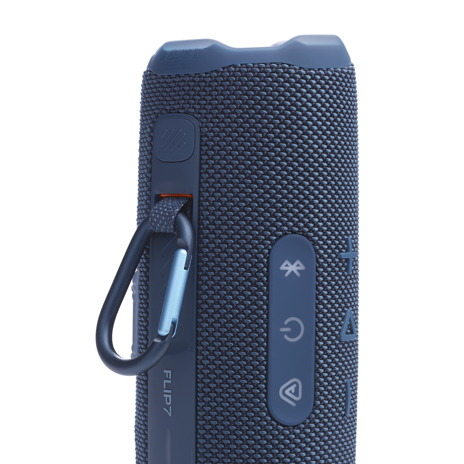 Blue portable speaker with buttons and a clip.