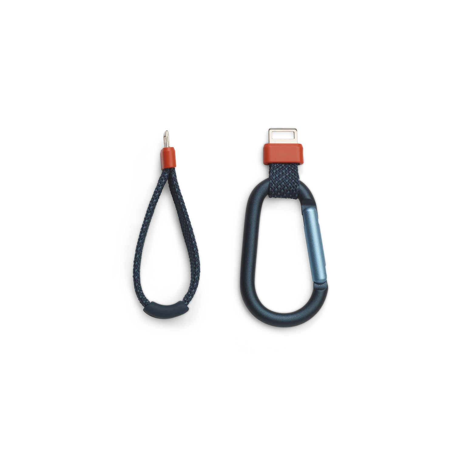 Two navy blue accessories: a lanyard and a carabiner, both with orange and blue accents.