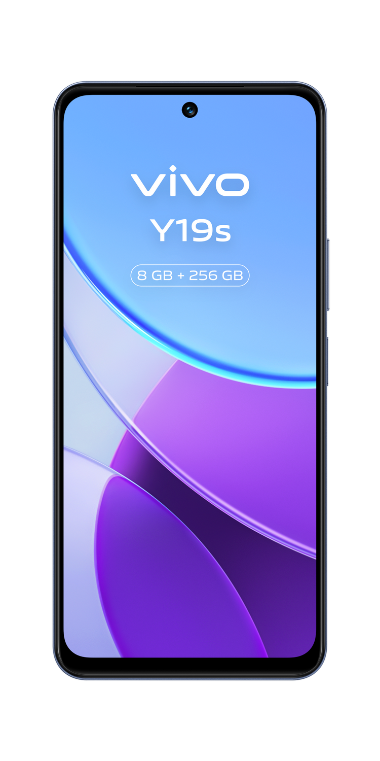 Smartphone Vivo Y19s sobre fondo blanco, mostrando la pantalla del teléfono y detalles.