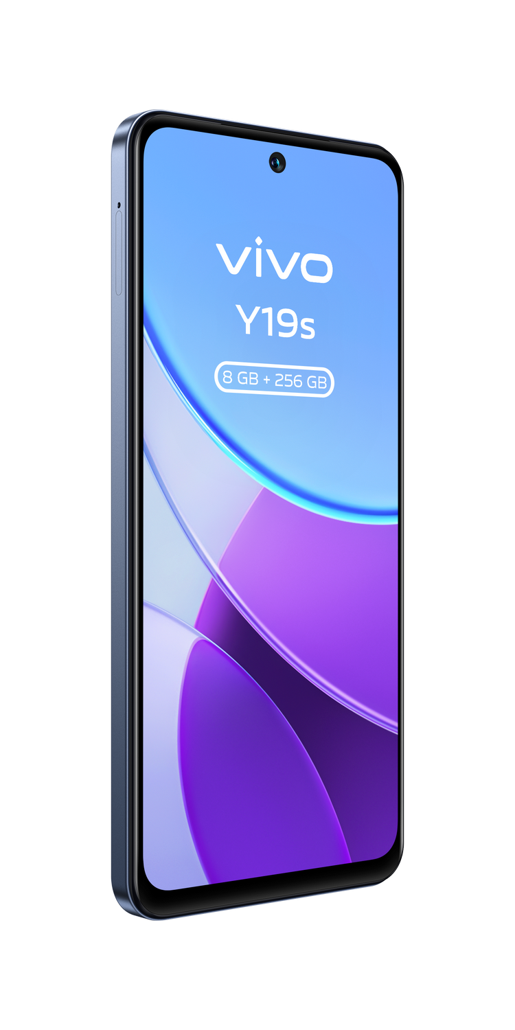 Teléfono azul Vivo Y19s. La pantalla muestra el texto: vivo Y19s, 8GB + 256GB. Fondo oscuro.