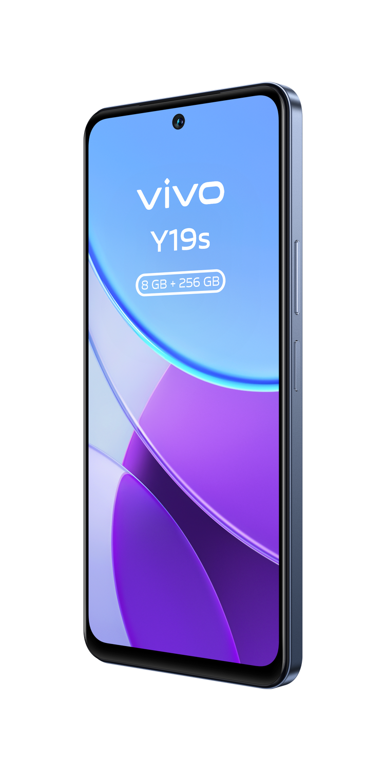 Teléfono azul Vivo Y19s, con su pantalla mostrando los detalles del teléfono: 8GB+256GB.