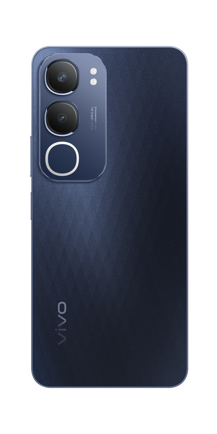La parte trasera de un teléfono vivo azul. Se muestran tres cámaras y un logotipo.