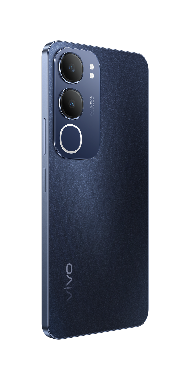 Smartphone Vivo azul con triple cámara, sobre fondo negro.