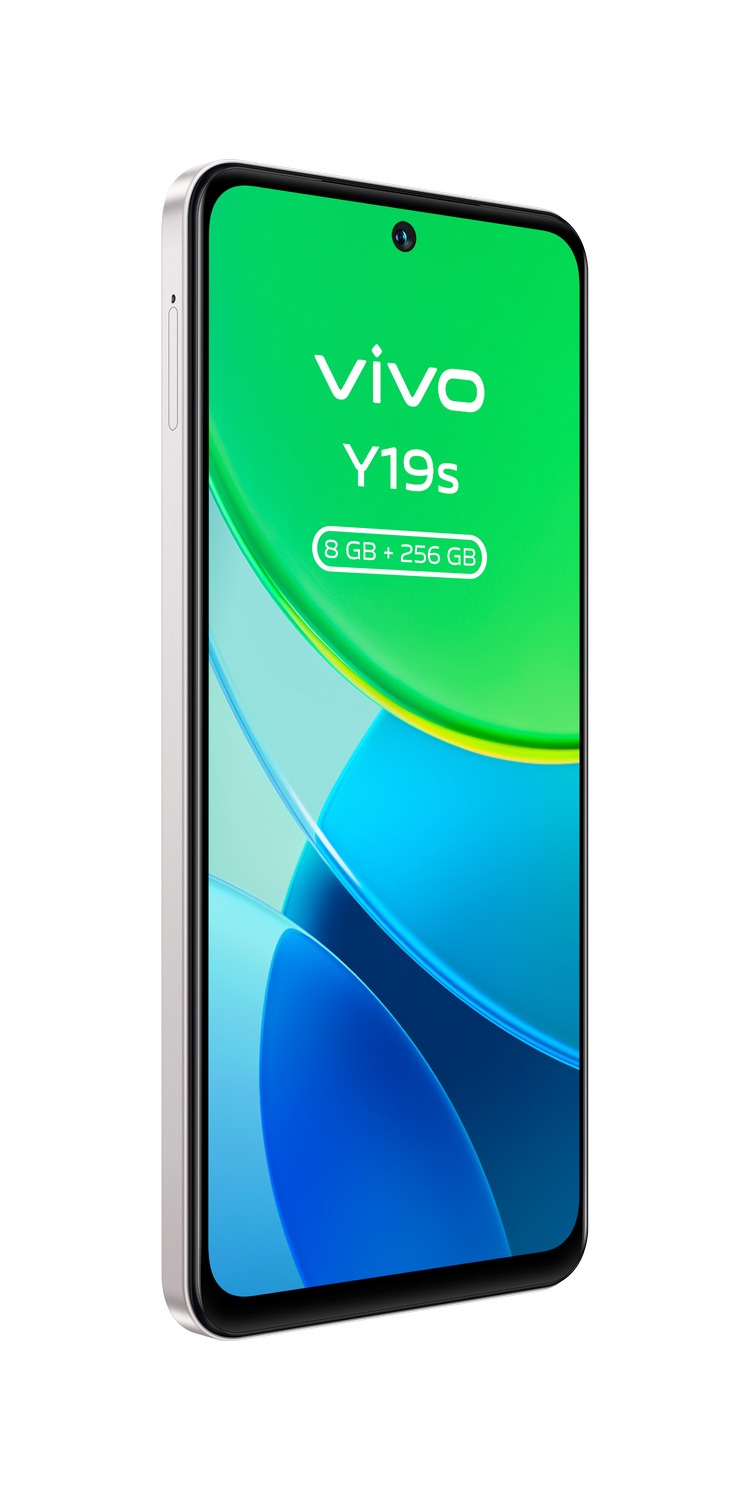 Smartphone Vivo Y19s, marco blanco, pantalla verde-azul, texto 8GB+256GB.