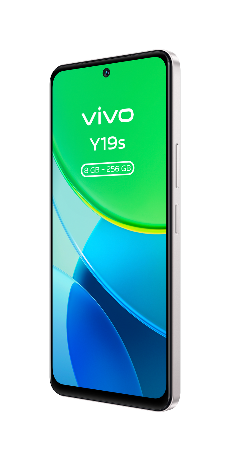 Un teléfono inteligente Vivo Y19s muestra una pantalla verde y azul. Es gris con un borde negro y el logotipo de Vivo. El teléfono está sobre un fondo gris.