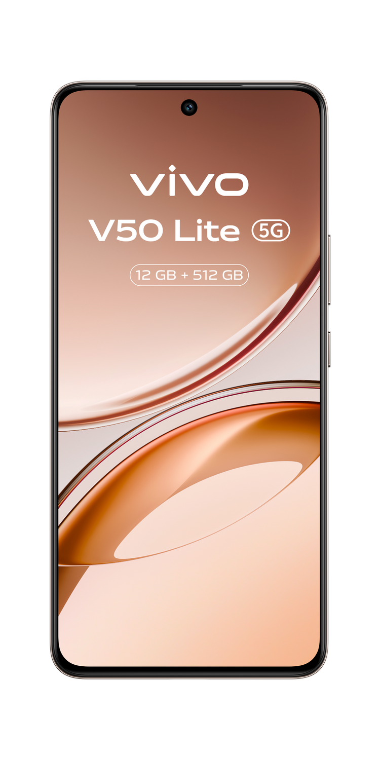 Pantalla de smartphone, Vivo V50 Lite con 5G, 12GB + 512GB, teléfono con fondo degradado.