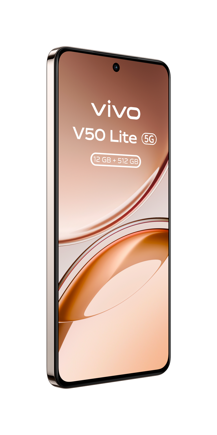 Un teléfono dorado Vivo V50 Lite 5G, en ángulo, con una pantalla que muestra texto.