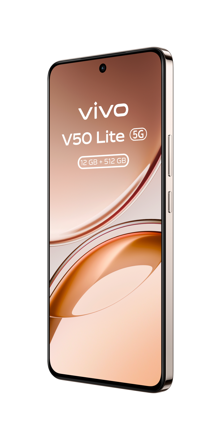 Un smartphone con marco dorado muestra 'vivo V50 Lite 5G' y especificaciones.
