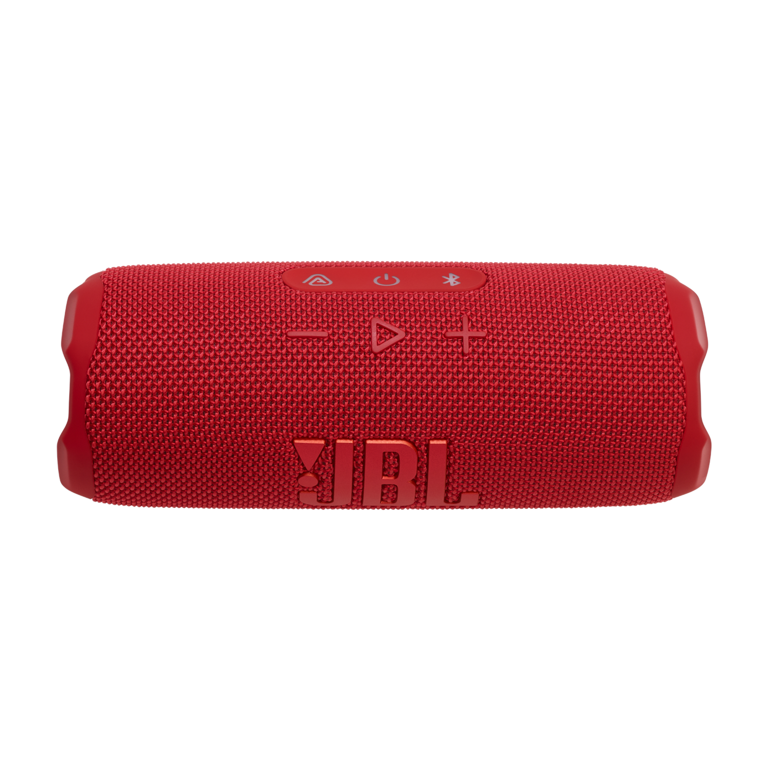 Rode JBL-luidspreker, rechthoekige vorm, met knoppen en JBL-branding, op een zwarte achtergrond.