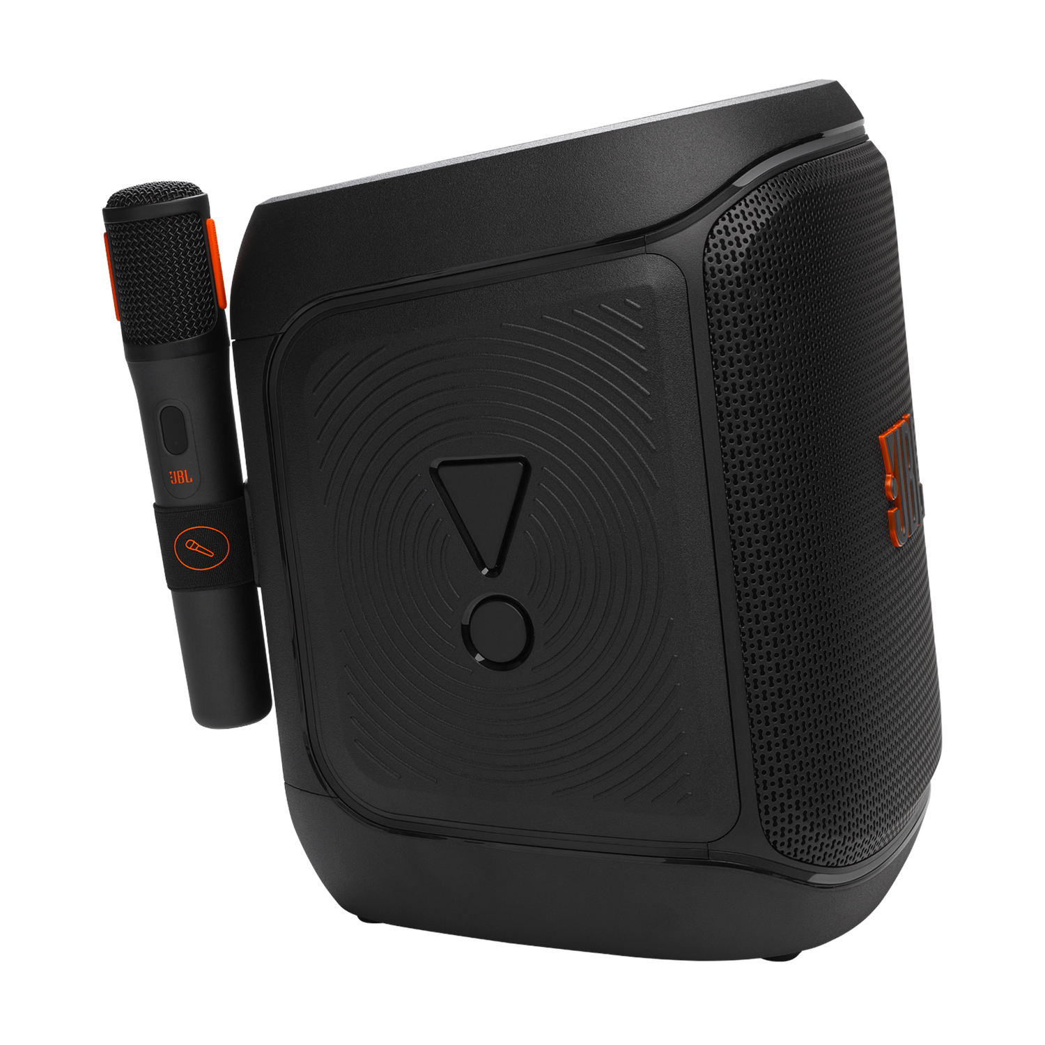 Zwarte draagbare luidspreker met een microfoon. De luidspreker heeft oranje accenten.
