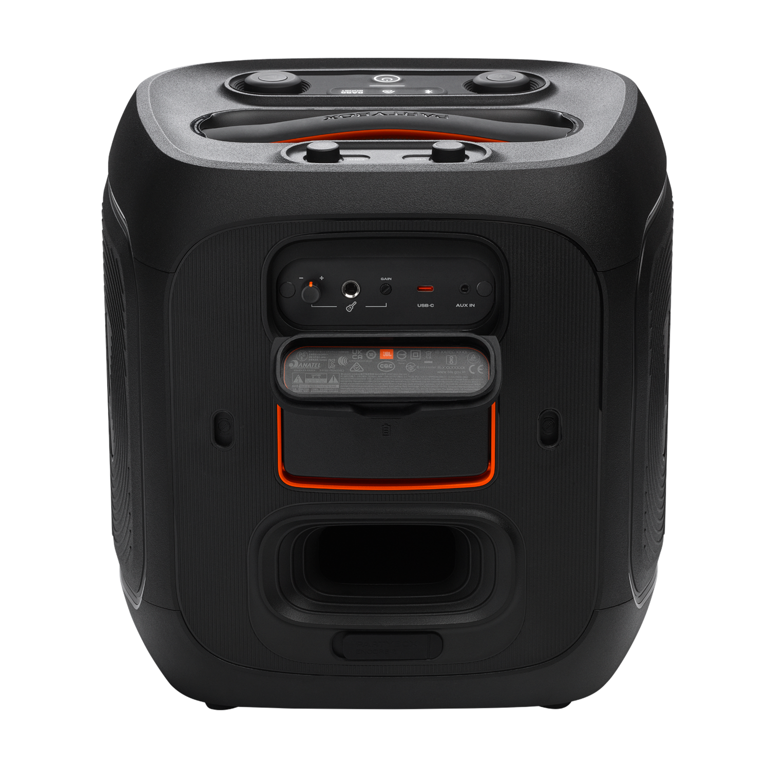 Zwarte speaker met oranje accenten. Bediening, ingangen en een handvat.