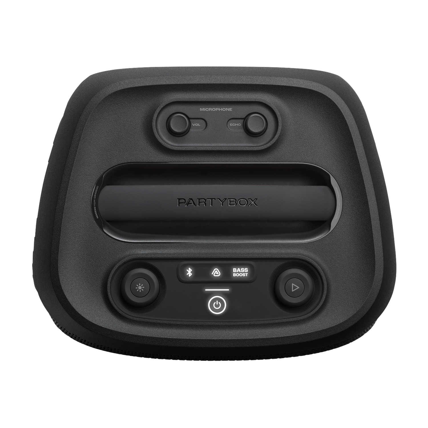 Zwarte JBL Partybox-luidspreker. Met knoppen voor volume, microfoon en basversterking.