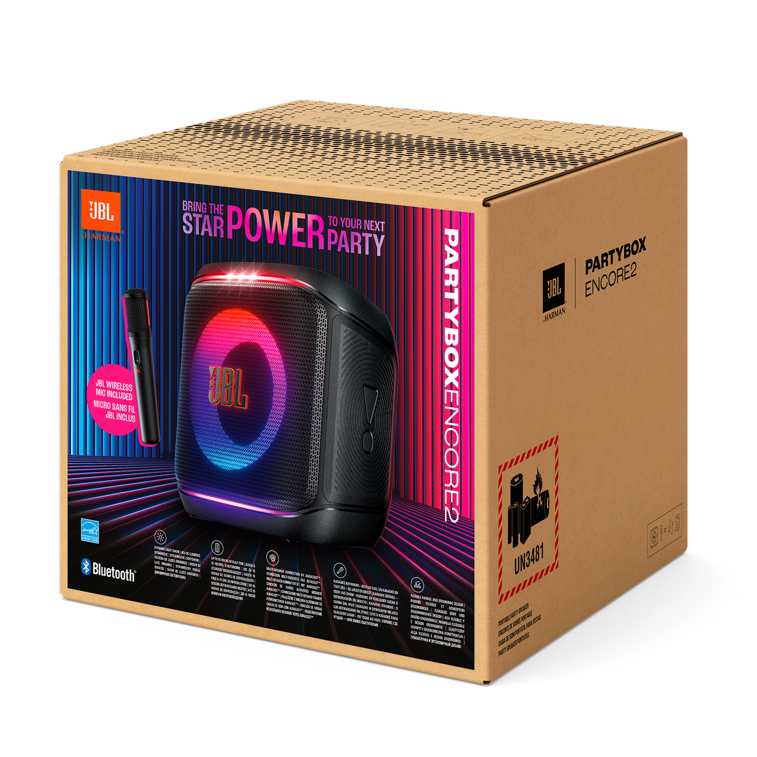 JBL Partybox Encore 2-luidspreker in een doos met een microfoon. Zwarte luidspreker met kleurrijke lichten.