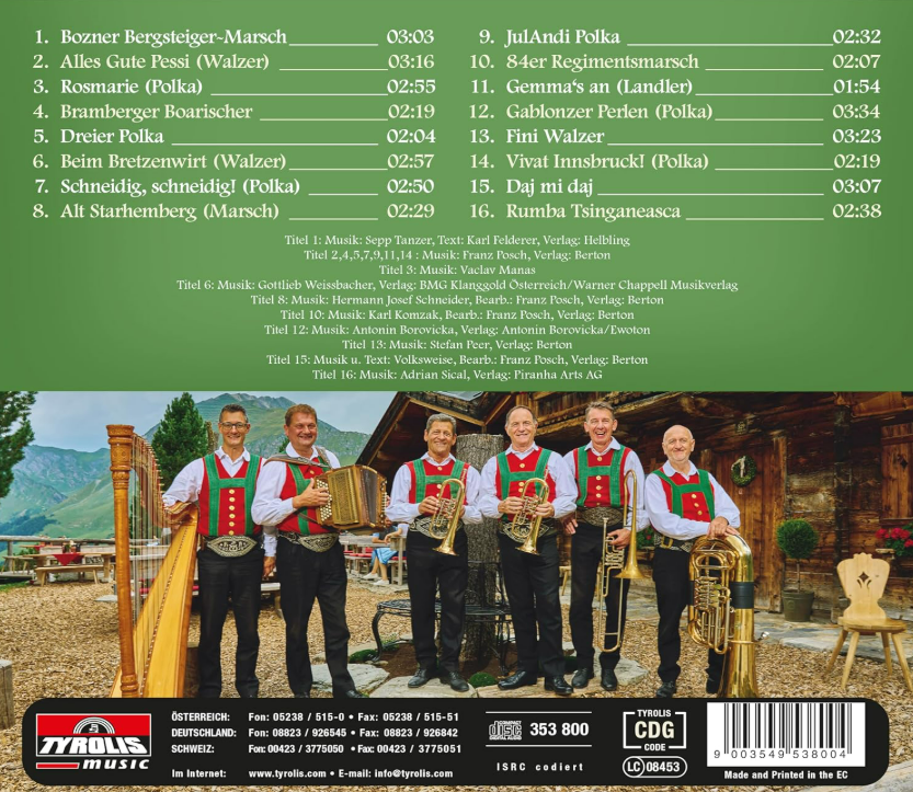 Ein CD-Cover mit einer Gruppe von Musikern in traditioneller österreichischer Tracht.