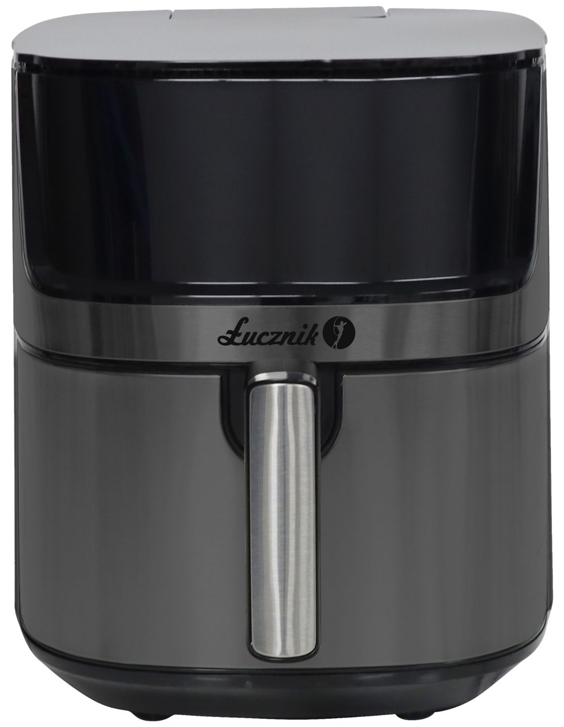 Czarna frytkownica powietrzna z uchwytem. Logo Lucznik. Srebro i czerń.