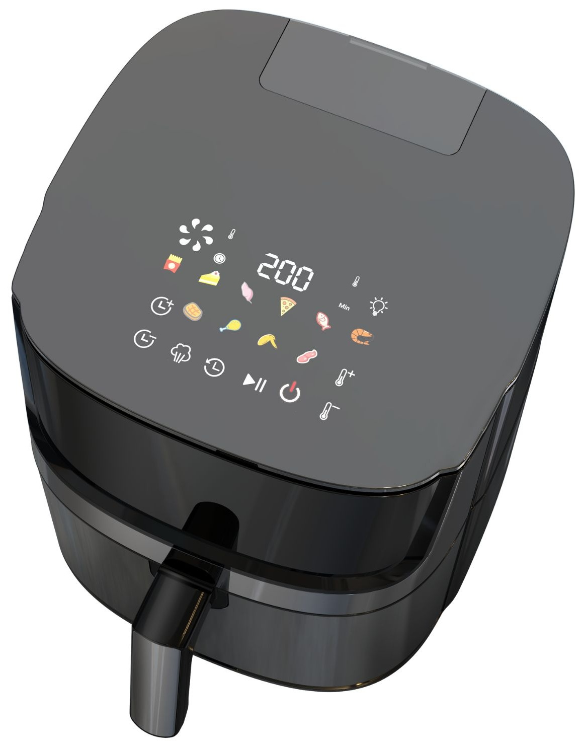 Czarna frytkownica powietrzna z cyfrowym wyświetlaczem, temperaturą i ikonami.
