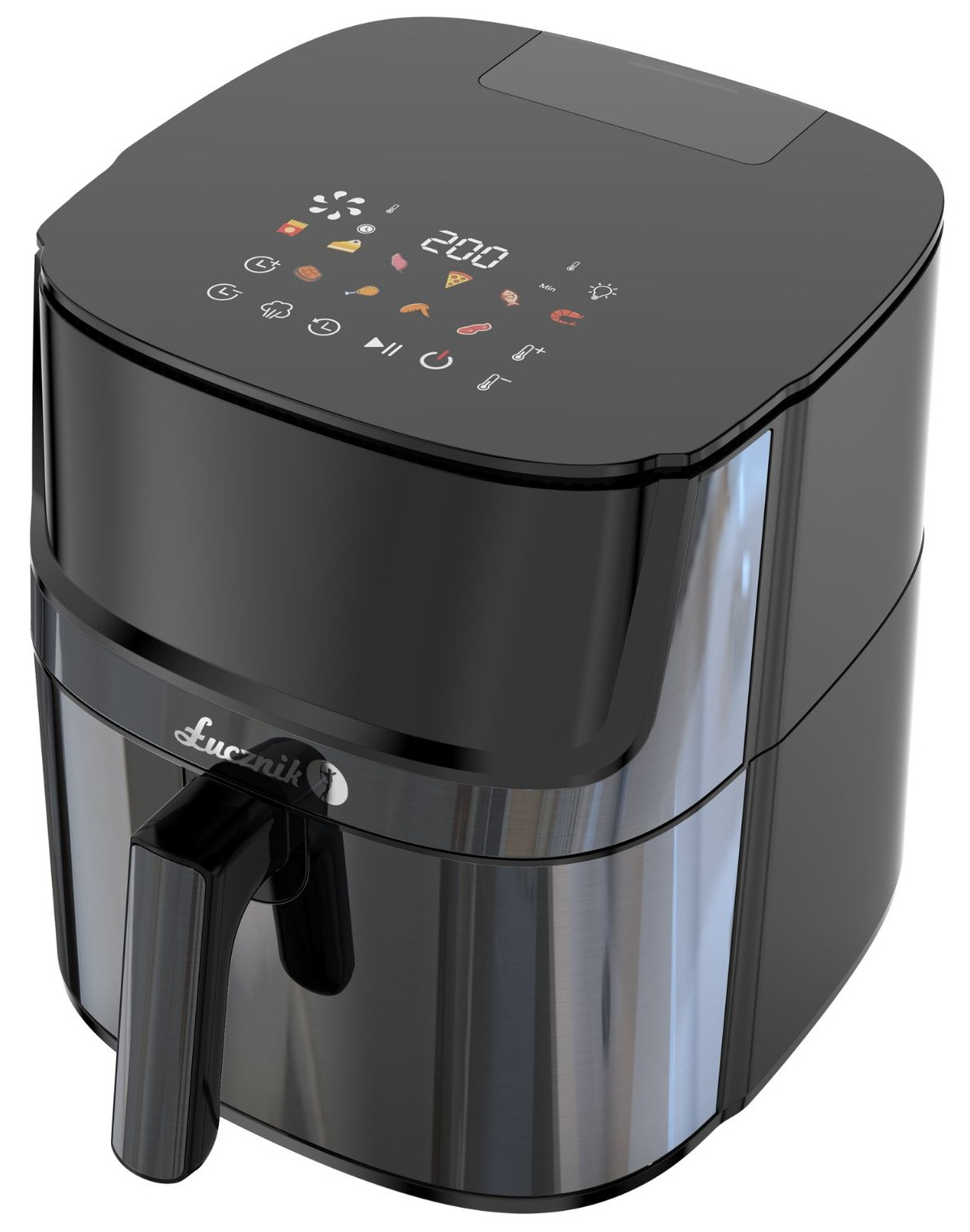 Czarna frytownica powietrzna z cyfrowym wyświetlaczem i uchwytem, na białym tle, widok z góry.