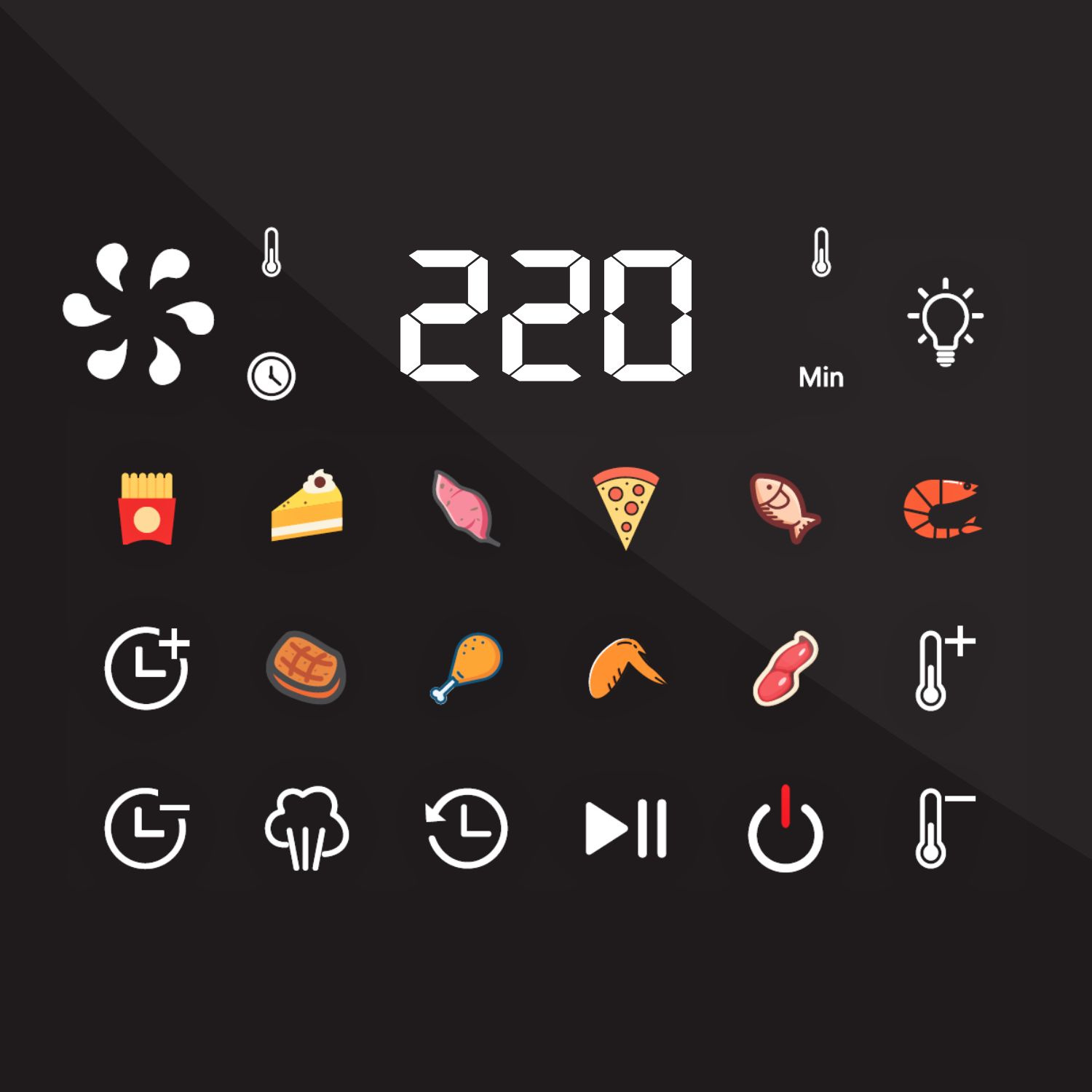 Panel frytkownicy powietrznej z ikonami, w tym czasem, temperaturą i symbolami jedzenia.