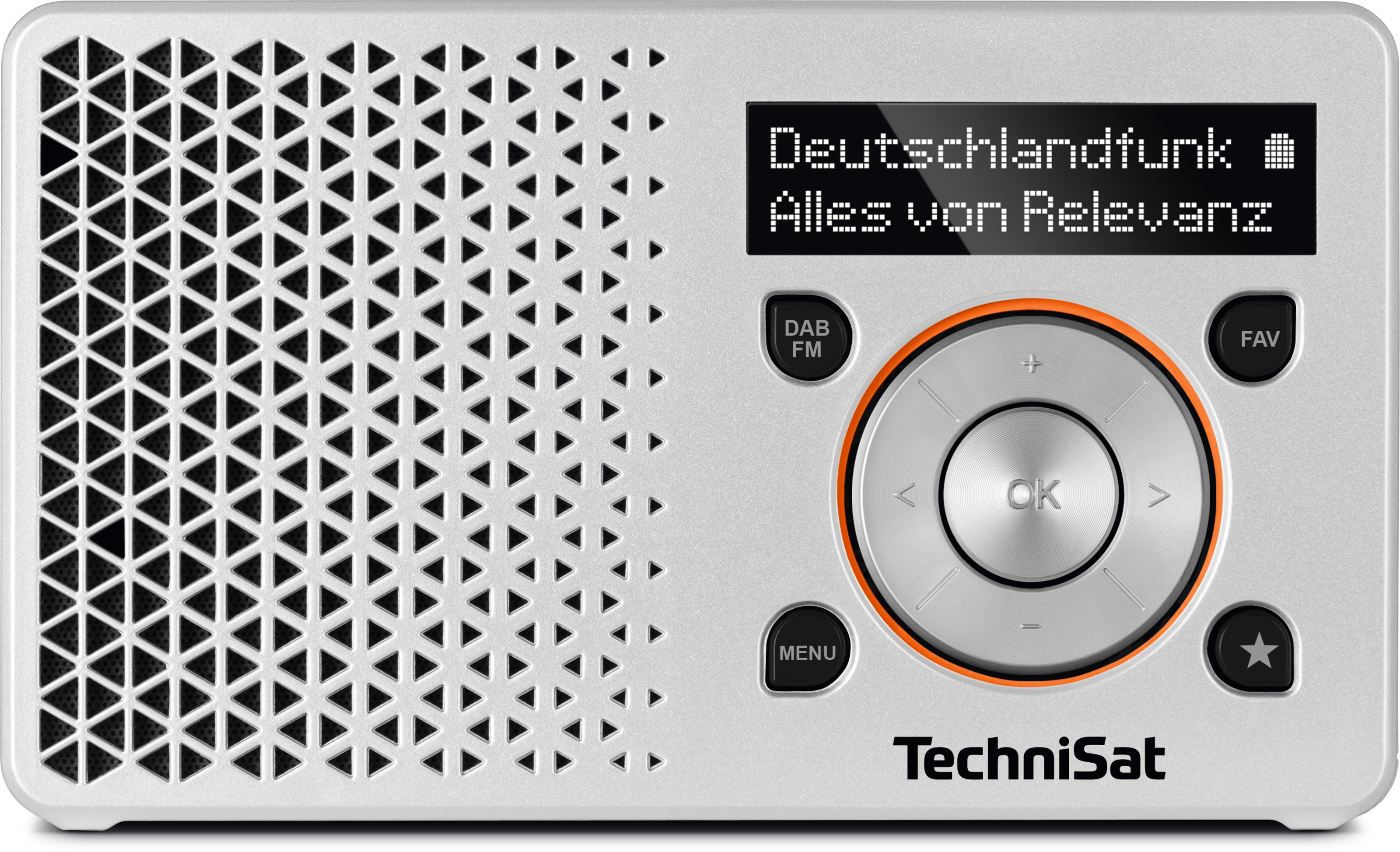 Silbernes Radio mit Bildschirm, der Stationsinfos anzeigt. Bedienelemente: Drehknopf, DAB/FM-, Menü-, Fav- und Stern-Tasten. Marke: TechniSat.