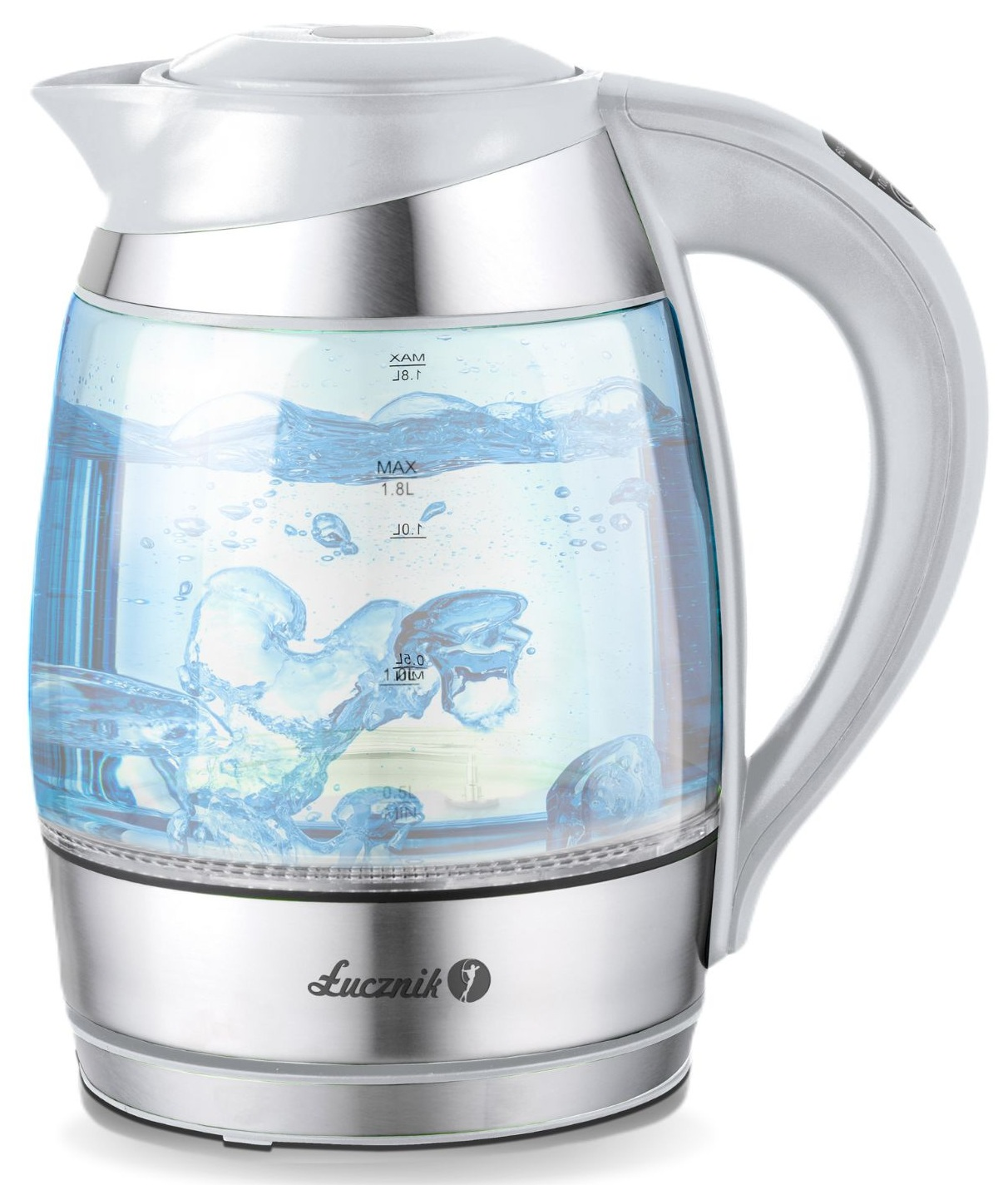 Czajnik elektryczny z przezroczystym szkłem, wypełniony wodą i bąbelkami, na białym tle.