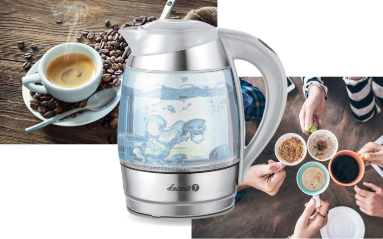 Czajnik z kawą i ludźmi. Szklany czajnik z wodą, kawą i ludźmi.