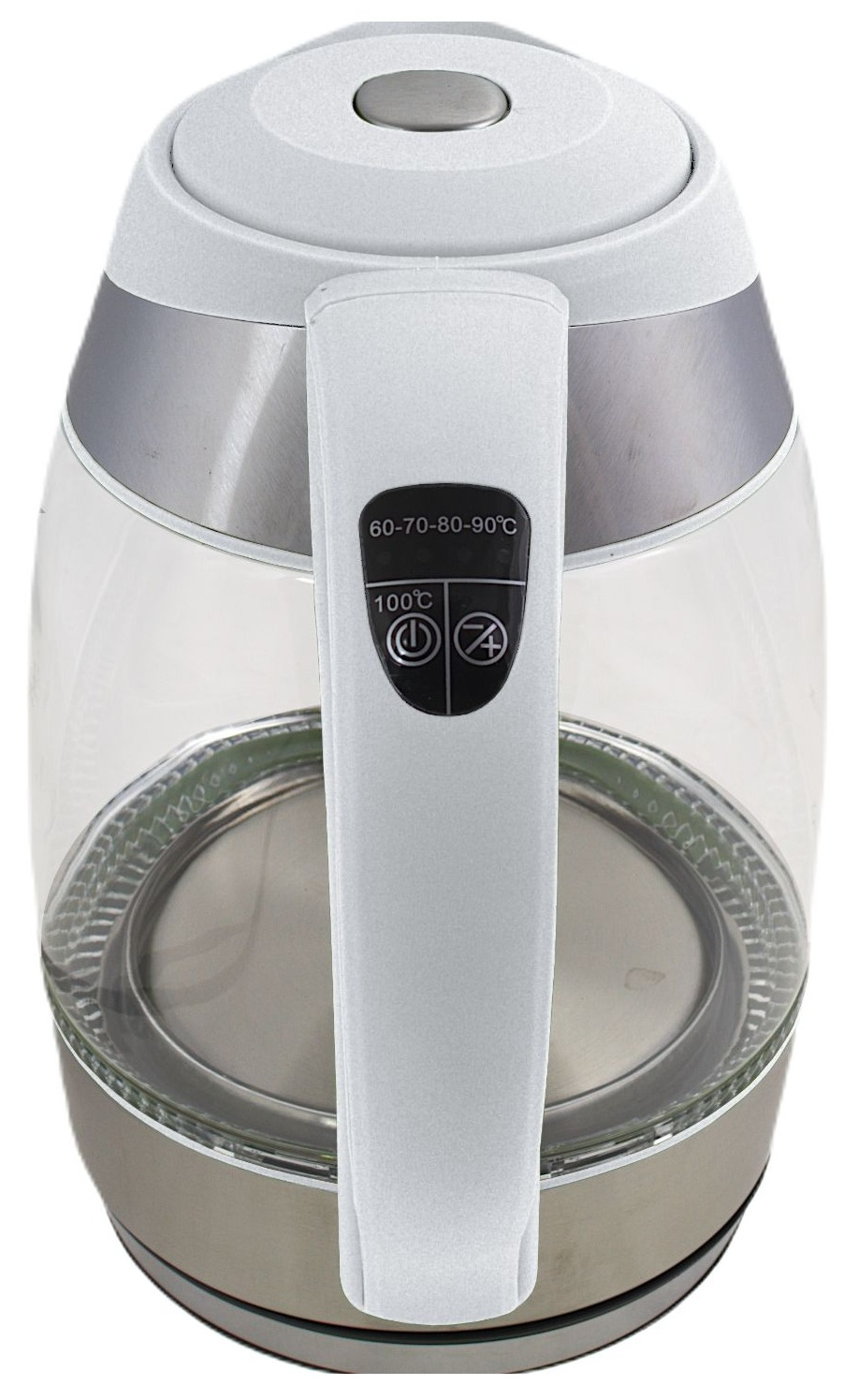 Przezroczysty szklany czajnik z białym uchwytem. Pokazuje wskaźnik poziomu wody i regulację temperatury.