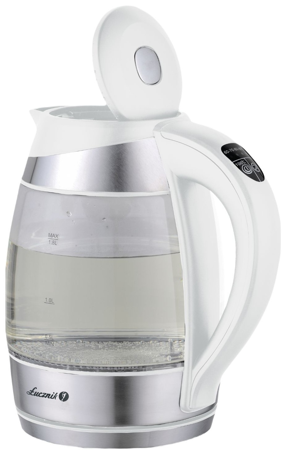 Biały czajnik elektryczny z otwartą pokrywą, wypełniony wodą. Widoczne chromowane i szklane detale.