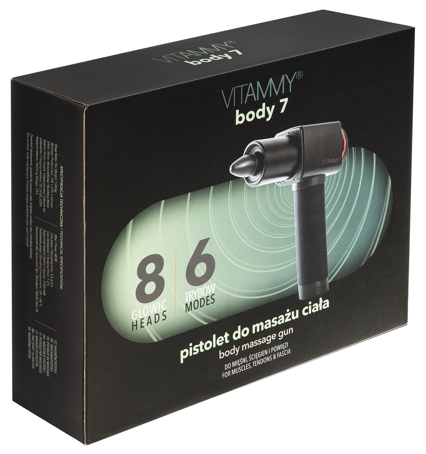 Czarne pudełko z pistoletem do masażu i tekstem. Białe tło.