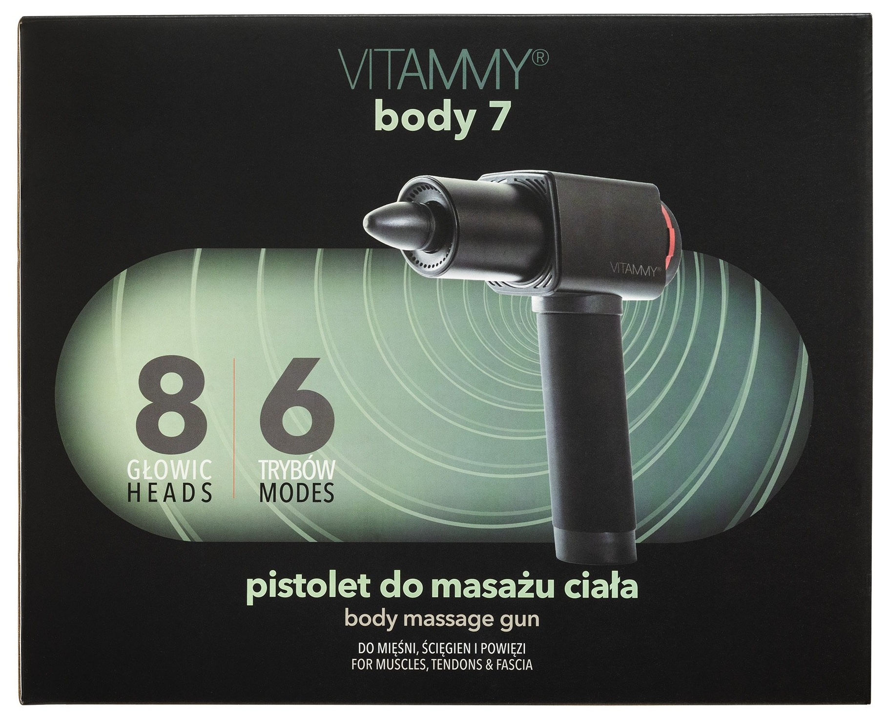 Czarny pistolet do masażu z tekstem, ciemne tło. Biały tekst.