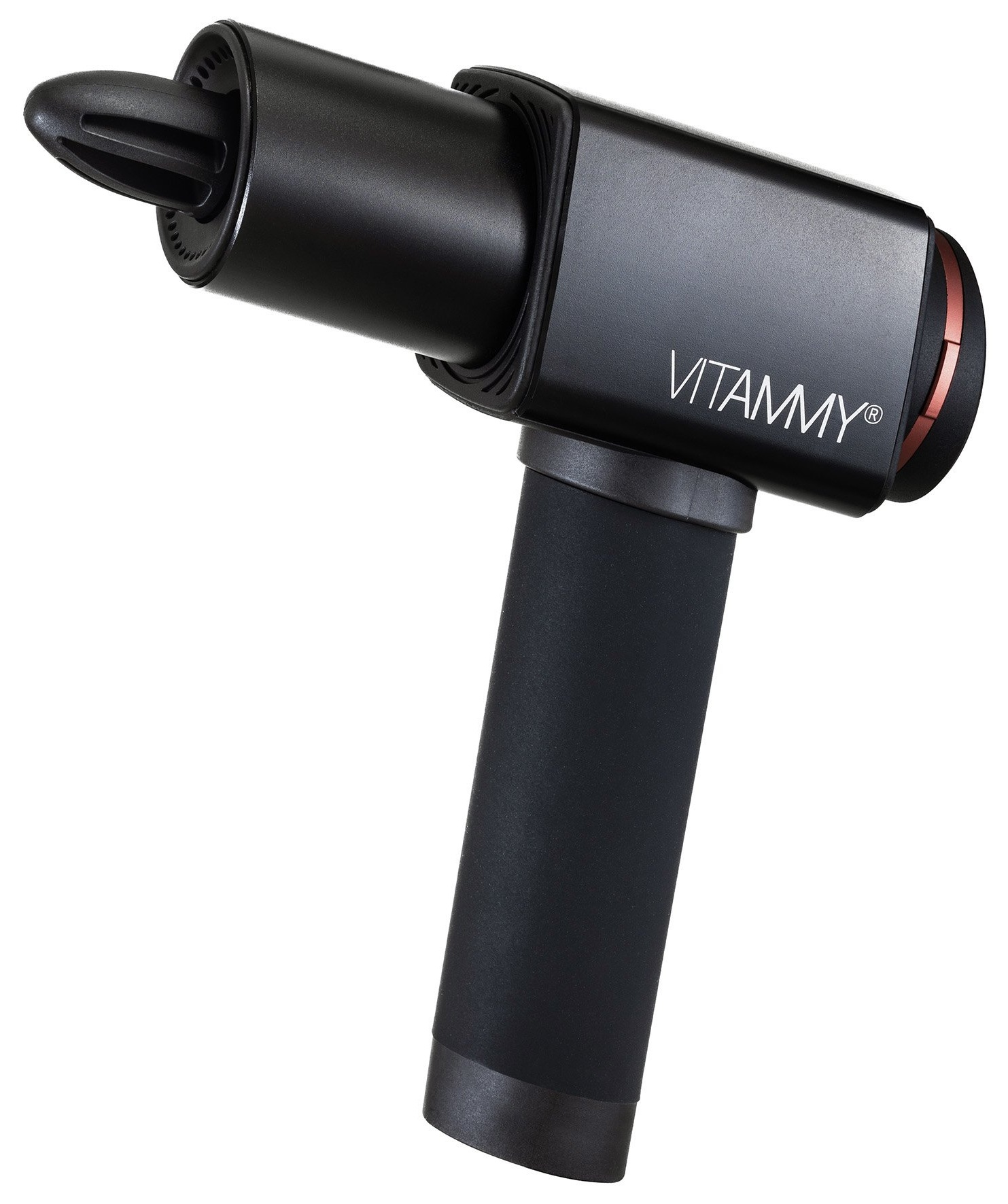 Czarny pistolet do masażu z marką 'VITAMMY' na białym tle.