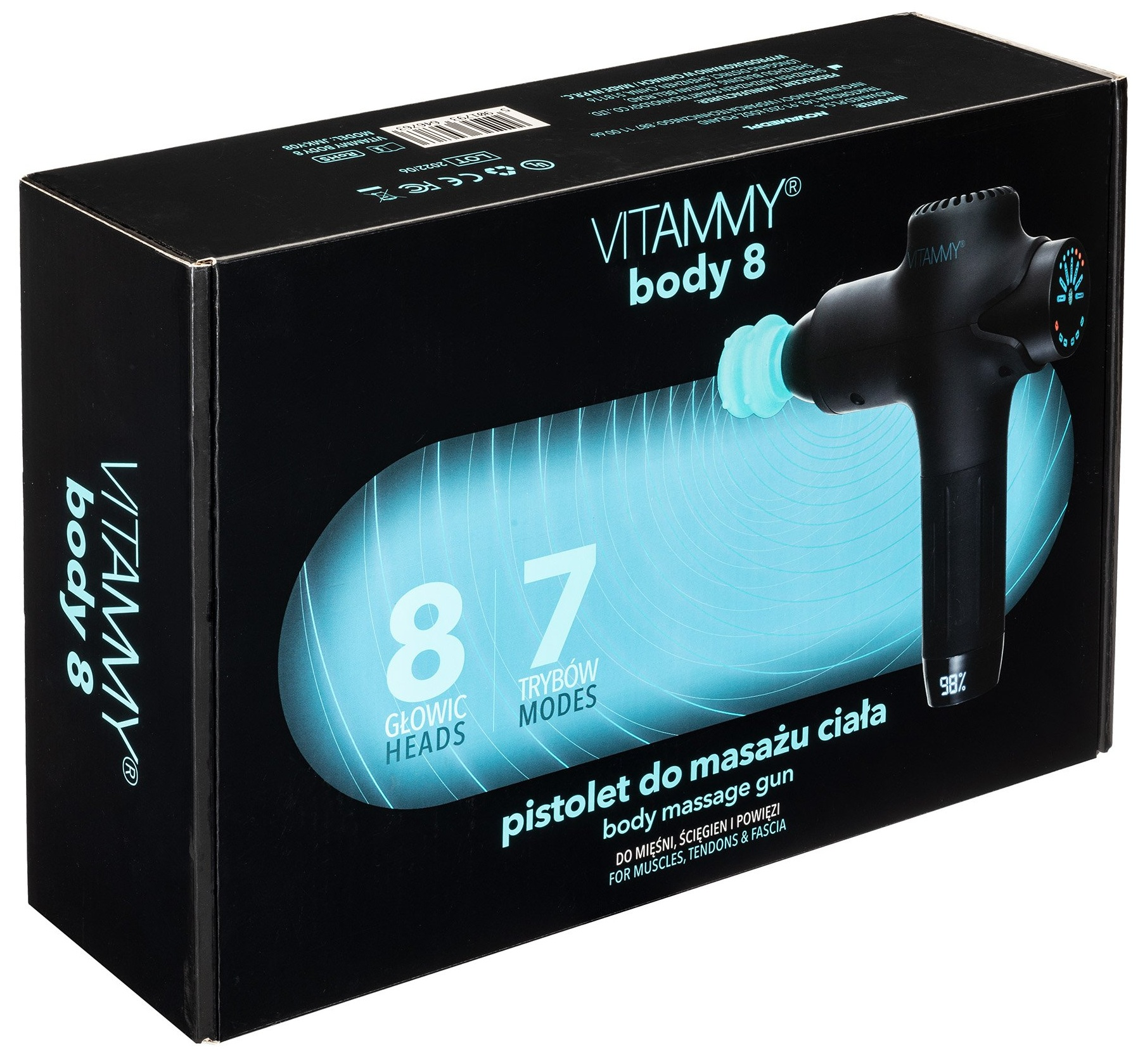 Czarne pudełko z pistoletem do masażu i tekstem o produkcie.