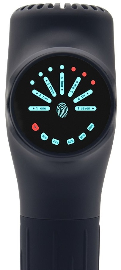 Ciemnoniebieskie urządzenie z ekranem pokazującym liczby i ikonę odcisku palca.